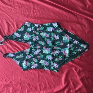 Black floral v-cut one piece